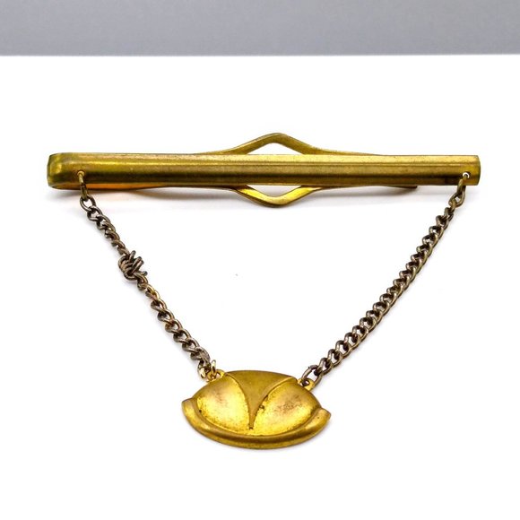 Gold Plate Tie Bar Slide with Chain and Oval Medallion, Art Deco Elegant Tie Cli - Picture 2 of 3